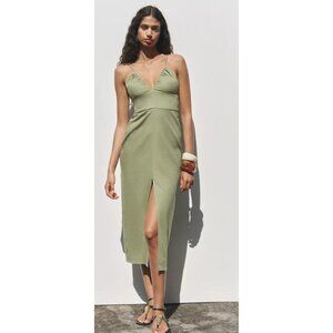 ZARA Sage Green Midi Linen Blend Dress Size M Cutout Back Strappy Slip Sundress